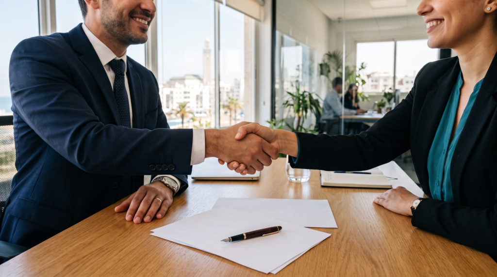 poignée de main entre chef d'entreprise et avocat droit des affaires Casablanca après un accord.